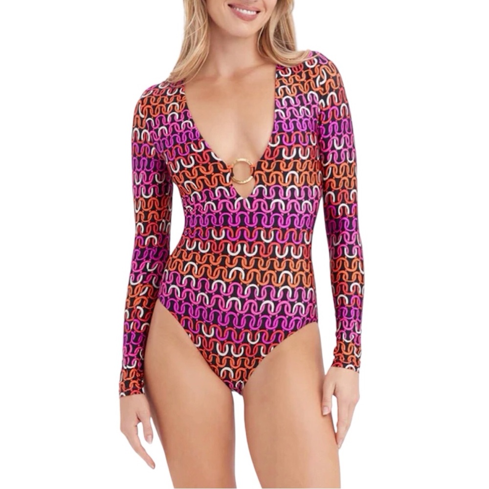 Trina Turk One Piece Swimsuit Long Sleeve Ring V Neck Echo Paddle Suit Medium